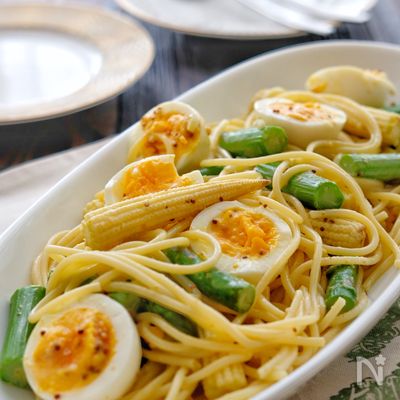 ＊ヤングコーンとアスパラと卵のパスタサラダ＊
