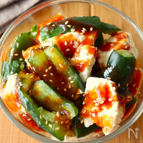 5分で完成!【豆腐ときゅうりの韓国風旨ダレサラダ】包丁不要♩