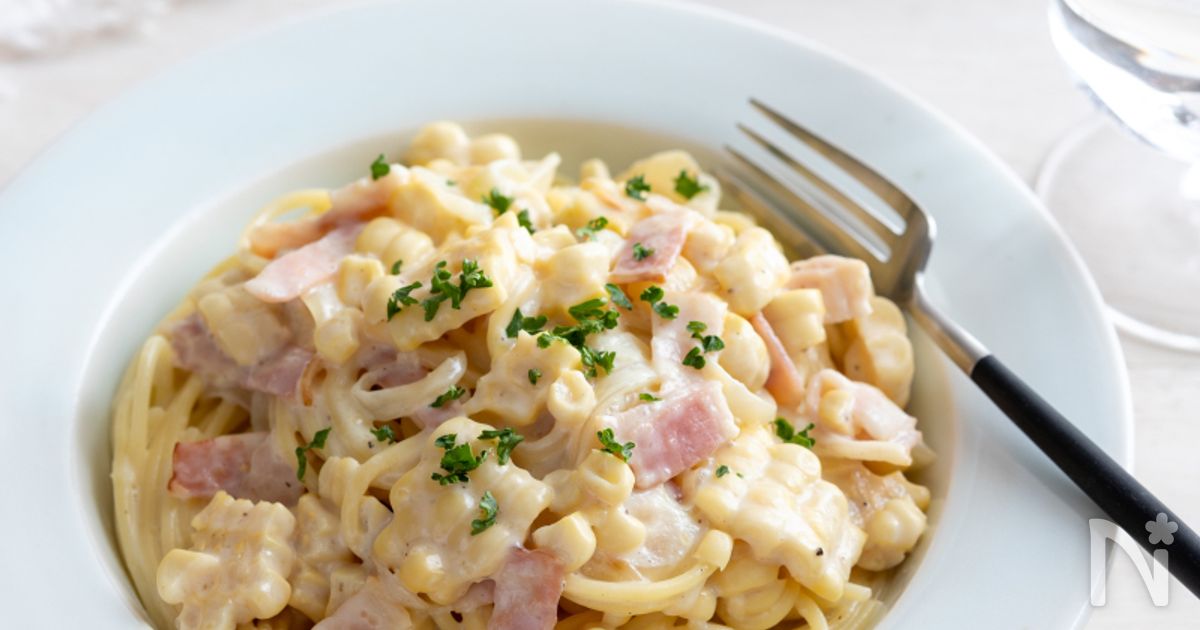 白いとうもろこしのクリームパスタ