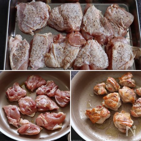 鶏もも肉をフライパンで焼く