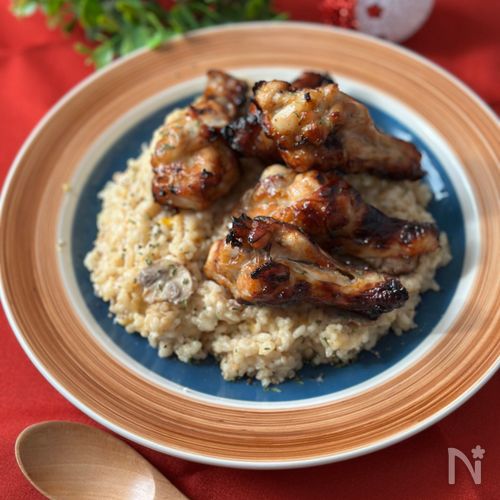【ノンフライヤーで】ローストチキン乗せたチーズリゾット