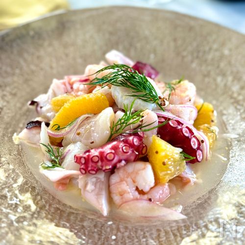 夏のおもてなしにも!切って混ぜるだけ【魚介のマリネ】