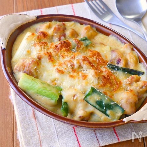 味付け1つ♪とろ〜り濃厚【鶏肉と長ねぎの腸活豆乳グラタン】