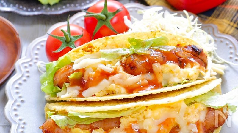 お手軽朝ごはん♡『スクランブルエッグとウインナーのタコス