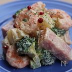 エビ、ベーコン入り温野菜マヨタラマスタードソース