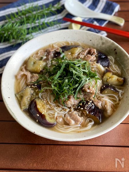なすと豚肉のぶっかけそうめん