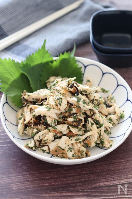 【大葉たっぷりささみの梅塩昆布和え】やみつきレンチン副菜♪