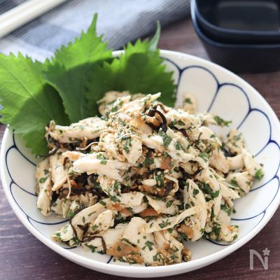 【大葉たっぷりささみの梅塩昆布和え】やみつきレンチン副菜♪