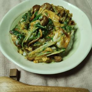 M＊Pの作ってみた!投稿(5分でご飯♪なめこと水菜のとろとろ卵とじ丼)