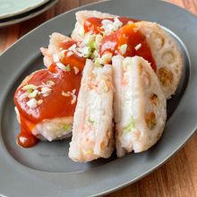 『えびのれんこんはさみ焼き〜中華風チリソース』さくぷり!