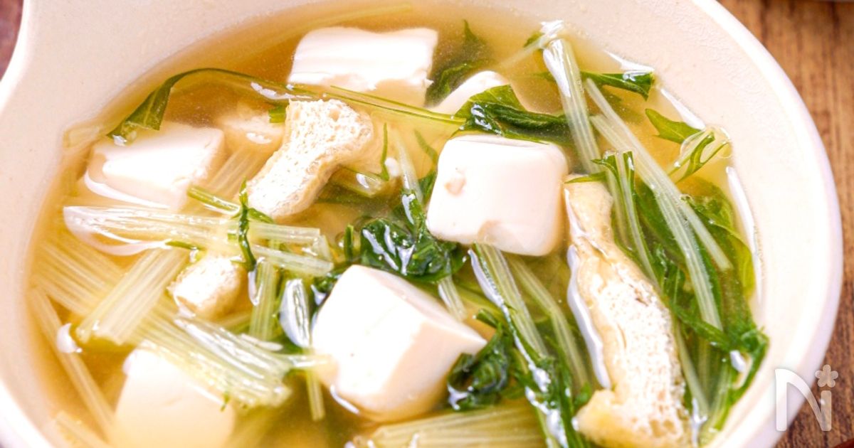 【豆腐と油揚げと水菜の和風スープ】やさしいお出汁の味わい♡