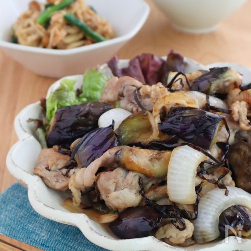 なすと新たまねぎと豚肉のコク旨塩昆布バター炒め