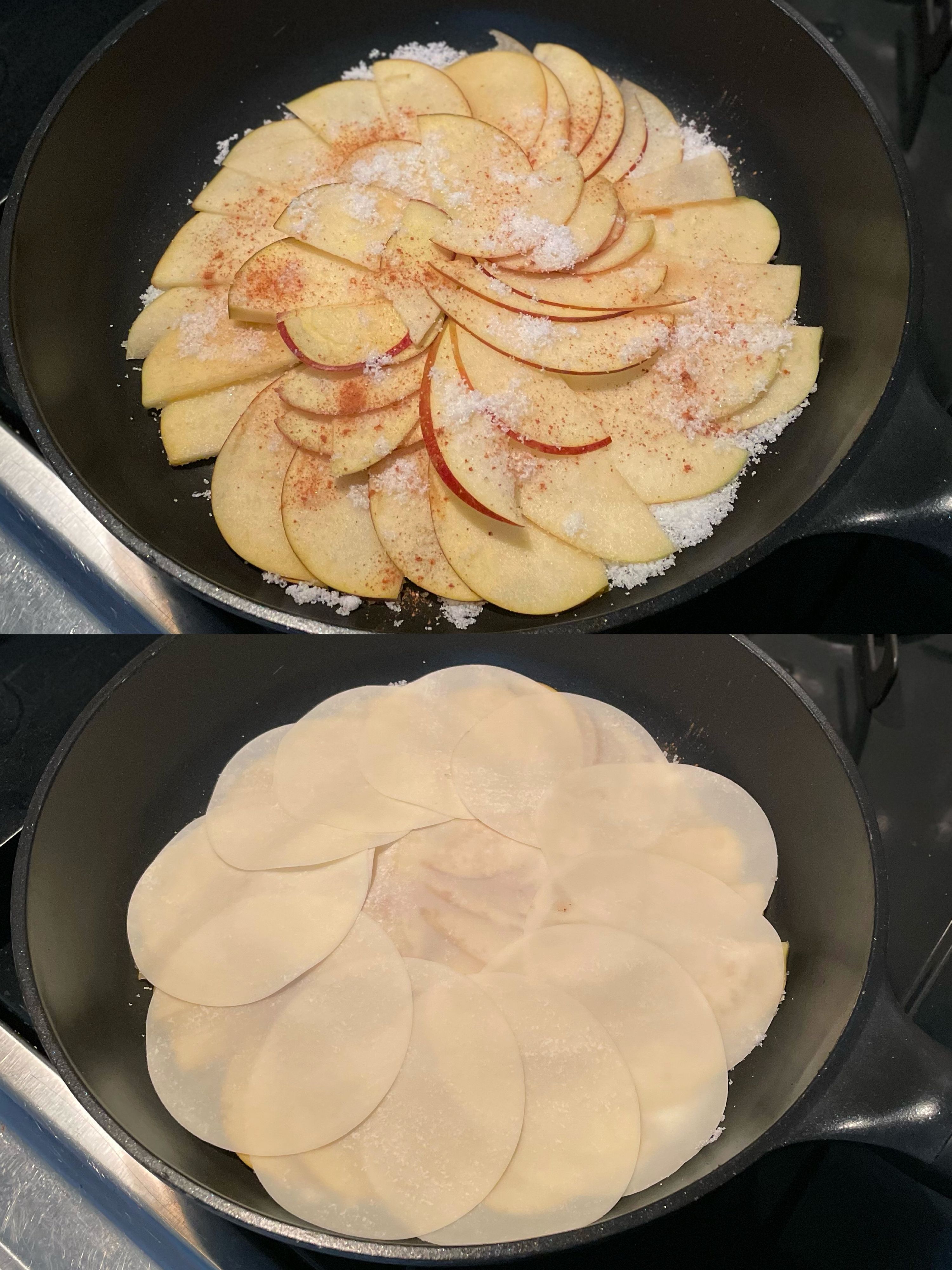 りんごと餃子の皮を重ねて蒸し焼きにする