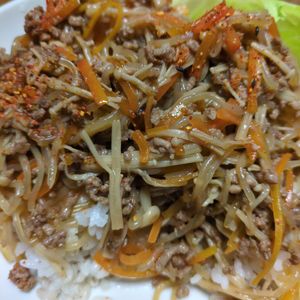 1492974の作ってみた!投稿(ひき肉で簡単《しらたきとえのき♡すき焼き炒め》)