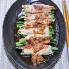 ニラとえのきの豚肉巻き焼き（梅肉ラーポン酢かけ）