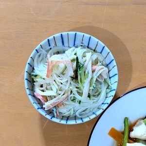 かおちゃんの作ってみた!投稿(きゅうりとカニカマと春雨の旨ぽんマヨサラダ)
