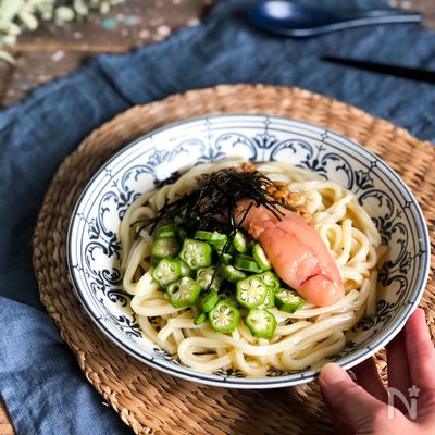 楽うま！オクラ納豆のめんたいぶっかけうどん