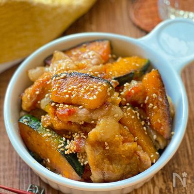 かぼちゃと豚バラの甘辛ごま照り焼き【ご飯がすすむ♪】