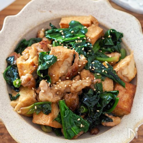 節約食材でパパッと！【厚揚げとほうれん草のスタミナ炒め】