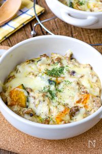 夫が絶賛！白だし香る♡【かぼちゃときのこの和風豆腐グラタン】