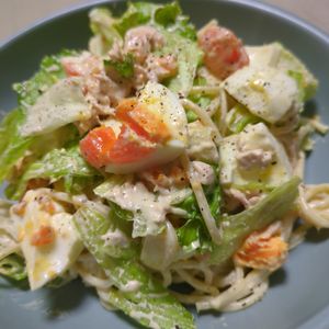 maronの作ってみた!投稿(チンして和えるだけ♪「レタスとゆで卵のスパゲティサラダ」)