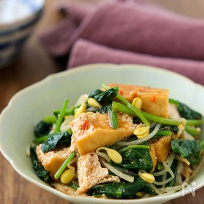 厚揚げと豆もやしとほうれん草のピリ辛ナムル