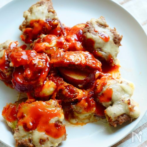 さつまいもとひき肉のチーズ焼き~ヤンニョムダレ絡め~