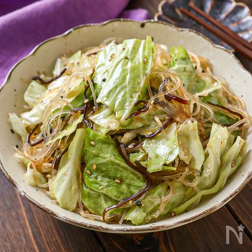 【レンジで時短!キャベツと塩昆布の春雨サラダ】箸が止まらない