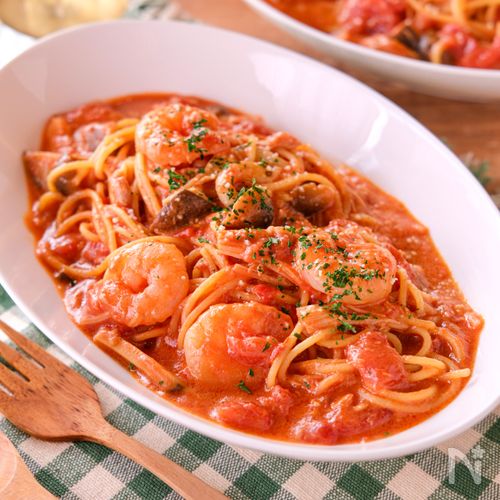 【ツナとえびのトマトクリームパスタ】牛乳&ワンパンでお手軽♪