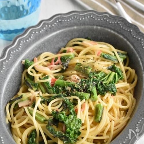 【菜の花とカニカマの豆乳クリームパスタ】こくうまな美味しさ！