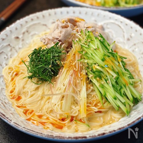 濃厚だれが麺に絡む♡【夏野菜の豚しゃぶゴマだれそうめん】