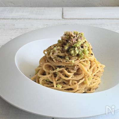 旬の味!そら豆と生ハムのクリームチーズパスタ