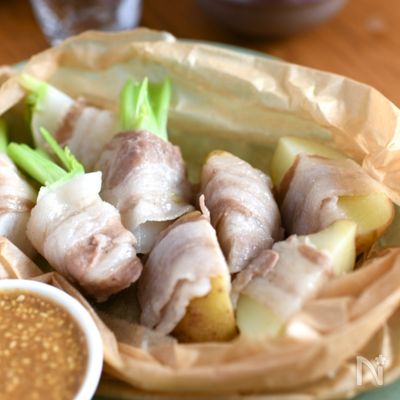 【春を感じる主菜】新じゃがとかぶの豚バラ巻き蒸しごま味噌ダレ