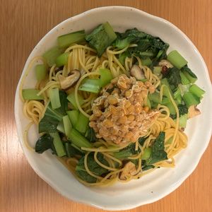 SNOOPY♡の作ってみた!投稿(ひと皿で栄養たっぷり！小松菜としいたけの納豆パスタ)