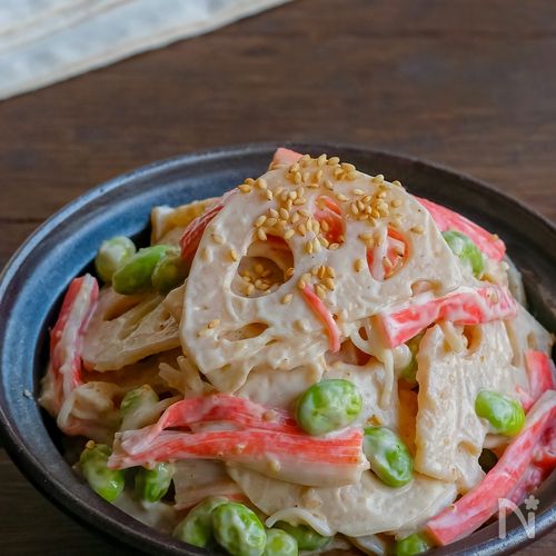 蓮根と枝豆とカニカマの旨ぽんごまマヨ和え【花粉対策にも◎】