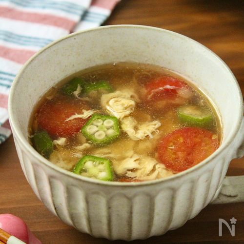 ぱぱっと!ほっこり♪オクラとミニトマトのかき玉スープ