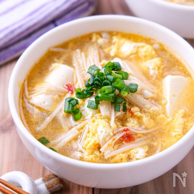【豆腐とえのきのピリ辛たまごスープ】やみつき満足♡コスパも◎