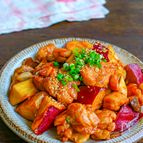 鶏肉とさつまいもの黒酢照り炒め
