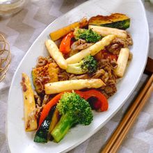 『焼き野菜と牛肉のBBQ炒め』佐賀県産ホワイトアスパラ使用♡
