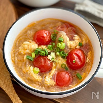 食べ応え◎【ミニトマトと卵の春雨スープ】