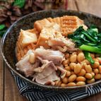 レンジで簡単！＊絹厚揚げと豚バラと大豆と小松菜の煮物＊