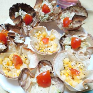 うたかた1299969の作ってみた!投稿(餃子の皮を食べられるカップに！簡単アボカドサラダ)