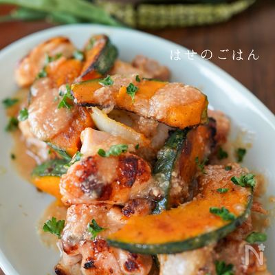 玉ねぎ味噌ダレが決め手♪『かぼちゃと鶏肉の甘辛みそ✨』