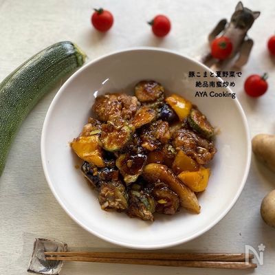 豚こま肉と夏野菜の南蛮炒め♪