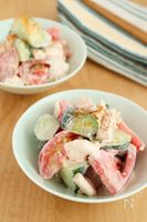 ささみとトマトときゅうりの七味マヨ和え