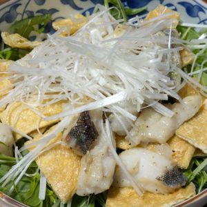つーやんの作ってみた!投稿(タラと水菜とお揚げさんのピリッと山椒ドレ京風サラダ)