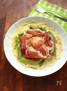 カルボナーラ風♡アスパラと生ハムのワンポットスープパスタ