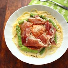 カルボナーラ風♡アスパラと生ハムのワンポットスープパスタ
