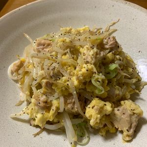 みんみんの作ってみた!投稿(もやし1袋ぺろりの節約レシピ【もやしとツナの旨たまごとじ】)