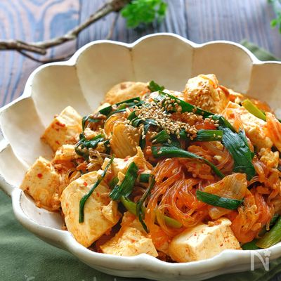 戻し不要！豚ニラキムチと豆腐の麻婆春雨風